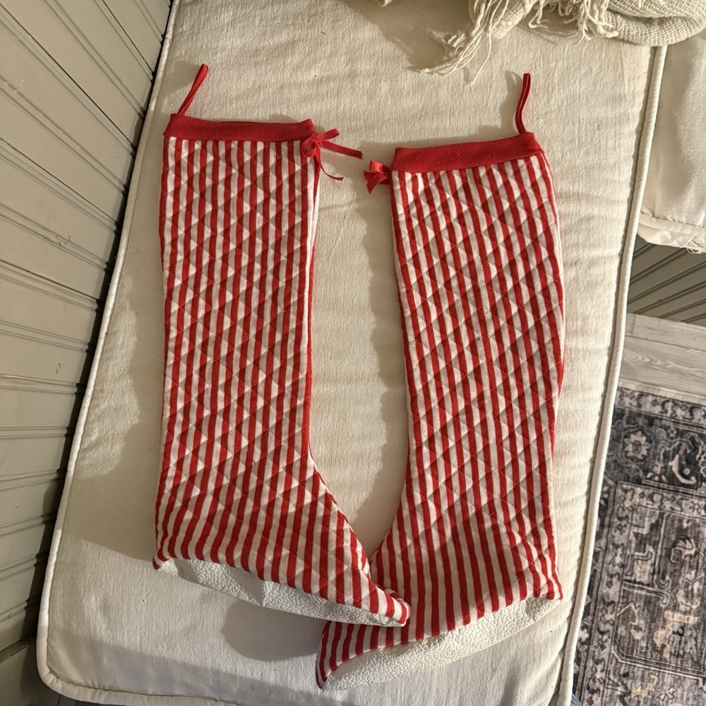 Vintage Red White Stripes Christmas Stockings Size Small Plastic Soles Nostalgic